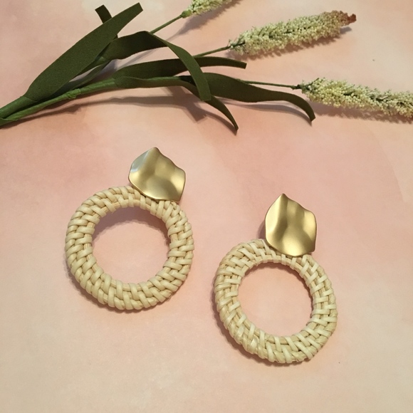 Rattan Woven Wicker Earrings with Gold Accent Stud - Picture 3 of 5